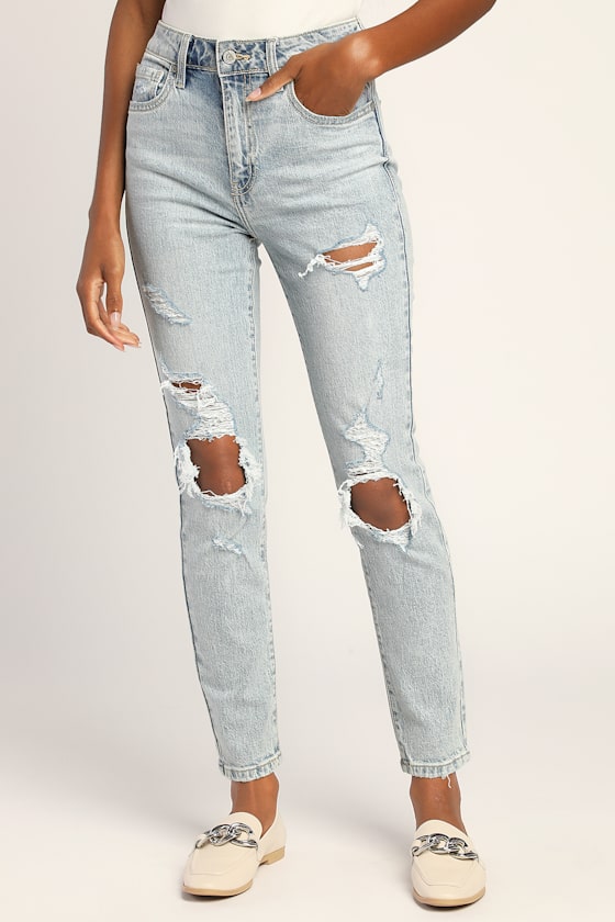 Light Wash Denim Jeans - Mom Jeans 