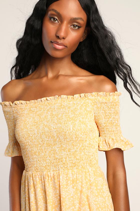 Fleur-tation Yellow Floral Print Off-the-Shoulder Midi Dress 2