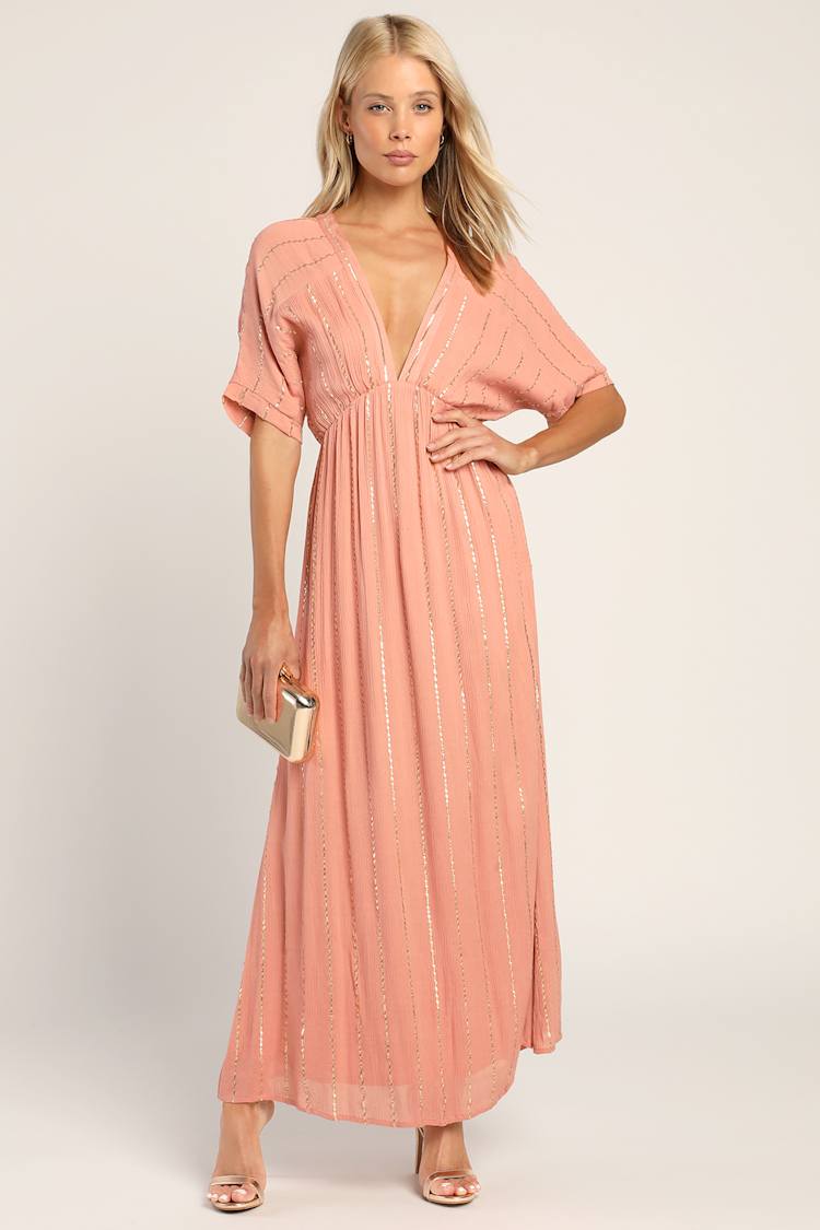 Goddess Vibes Rusty Rose Gold Striped Dolman Sleeve Maxi Dress