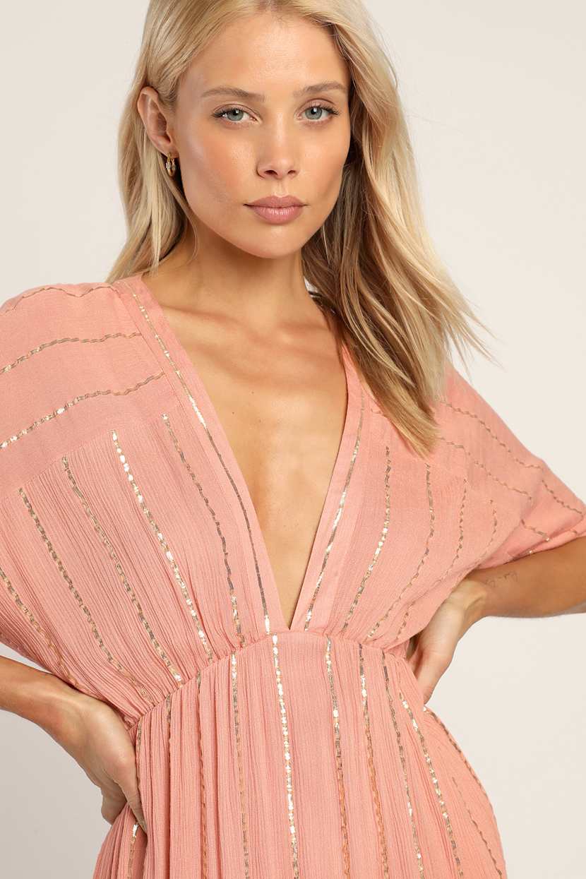 Goddess Vibes Rusty Rose Gold Striped Dolman Sleeve Maxi Dress
