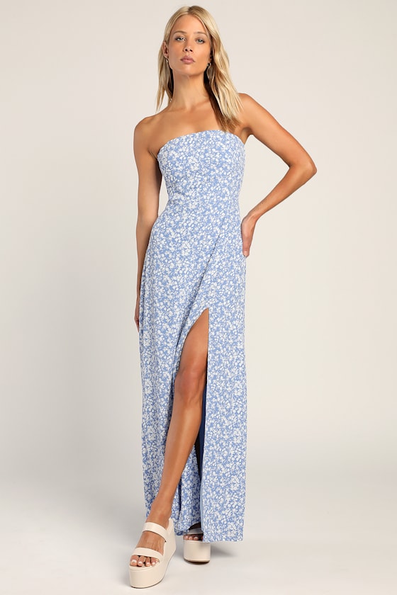 Floral Moment Blue Floral Strapless Column Maxi Dress 4