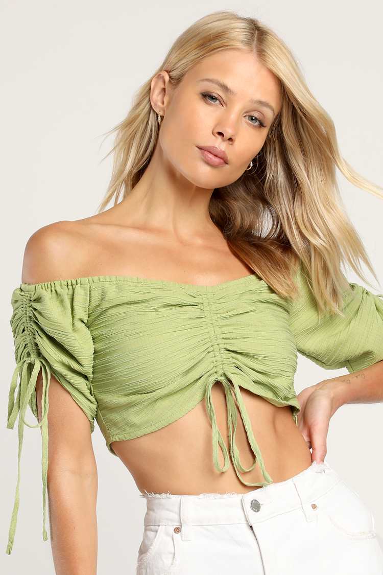 Light Green Top - Off-the-Shoulder Top - Ruched Top - Crop Top - Lulus