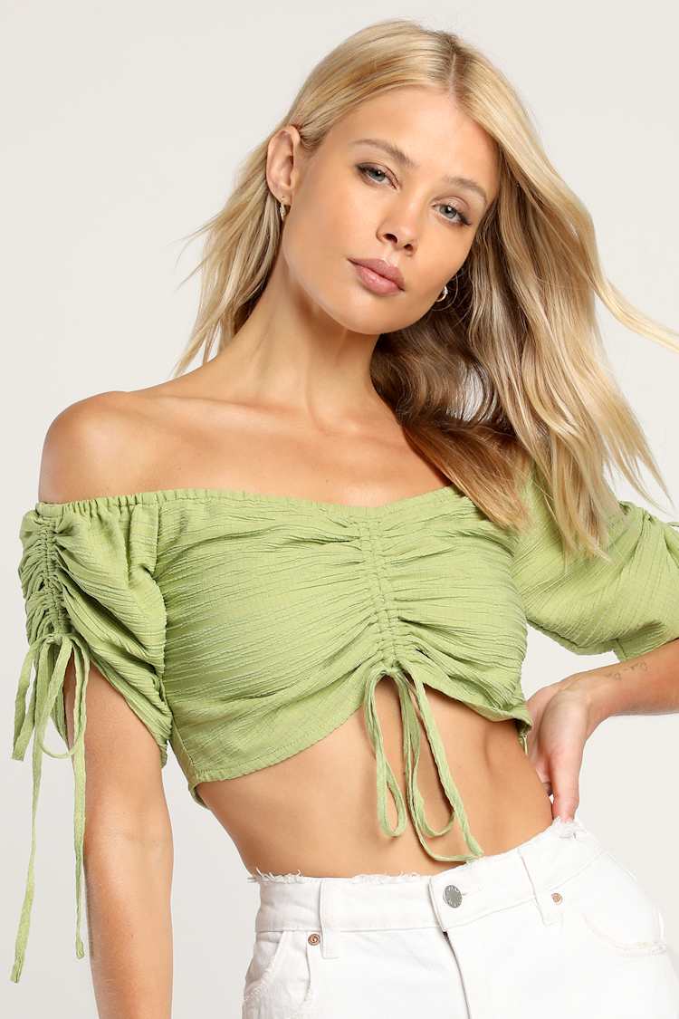 Midsummer Memories Light Green Off-the-Shoulder Ruched Crop Top