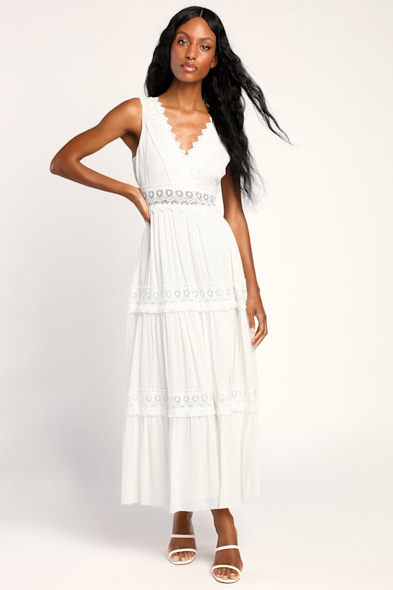 Spanish Sun White Sleeveless Tiered Lace Maxi Dress 1