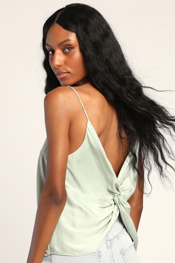 Twist the Tale Sage Green Satin Twist-Back Tank Top 4