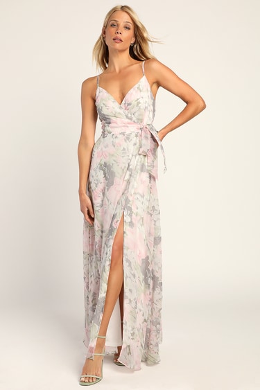 Sweetly Dreaming Grey Multi Floral Print Faux-Wrap Maxi Dress