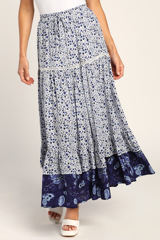 Seasonal Sweetness Blue Floral Print Tiered Maxi Skirt 3