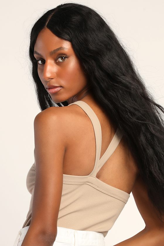 Anything But Basic Beige Ribbed Asymmetrical Tank Top 2