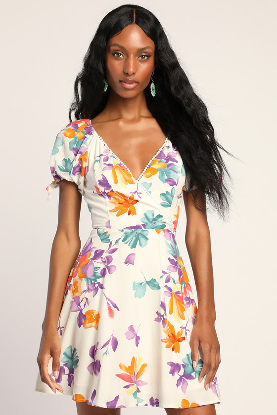 Ivory Floral Print Dress - Puff Sleeve Dress - A-Line Mini Dress - Lulus