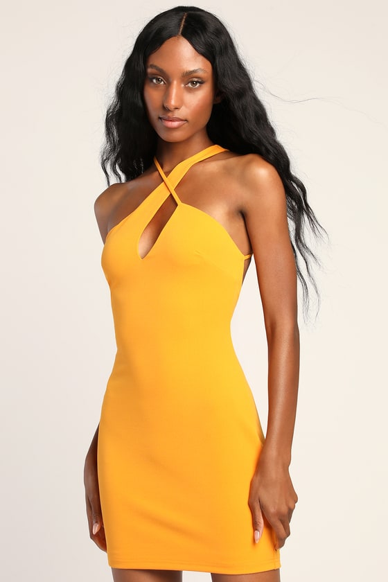 Orange Bodycon Dress Asymmetrical Bodycon Mini Halter Dress Lulus