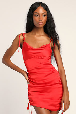 Red Mini Dress Ruched Dress Bodycon Dress Cowl Neck Dress