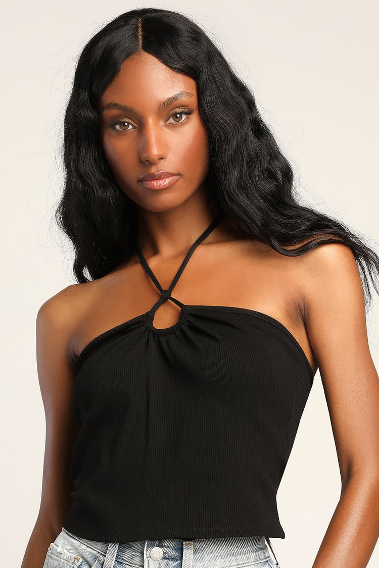 Just What I Needed Black Ribbed Keyhole Halter Crop Top