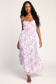 Total Darling Pink Multi Floral Print Notched Bustier Maxi Dress
