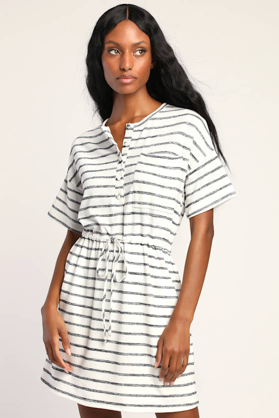 Beach Casual White and Black Striped Drawstring Mini Dress 2