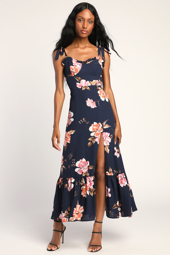 Blue Floral Print Dress - Tie-Strap Dress - Ruffled Maxi Dress - Lulus