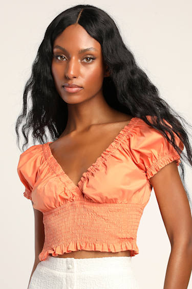 Orange Crop Top Smocked Top Surplice Top Puff Sleeve Top Lulus