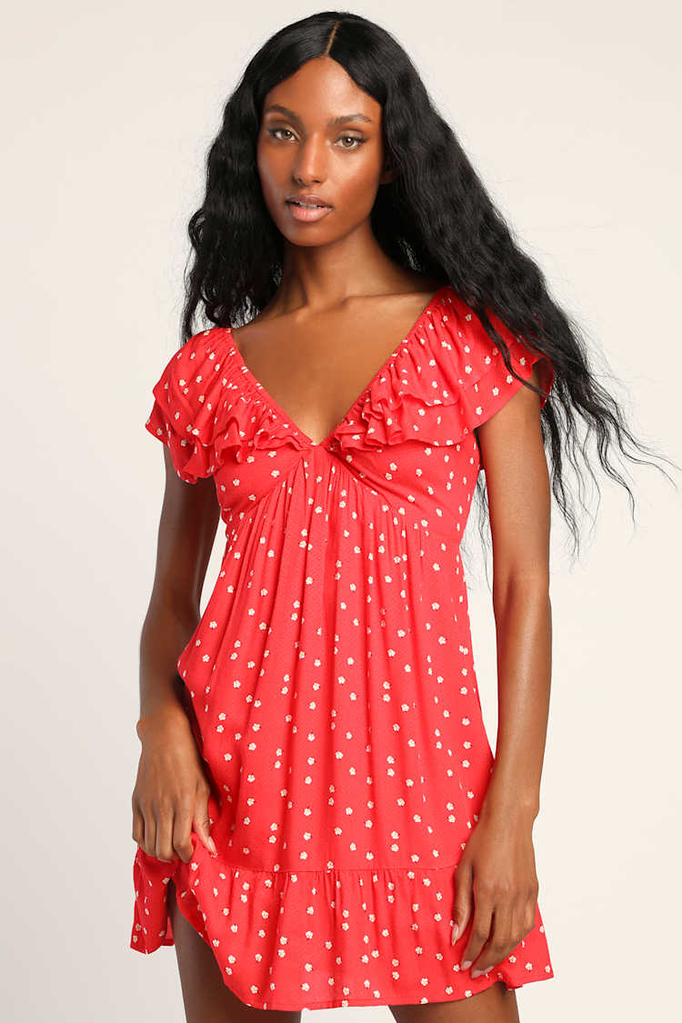 open lace back dress Danyal Red Anemone Floral Print Mini Dress
