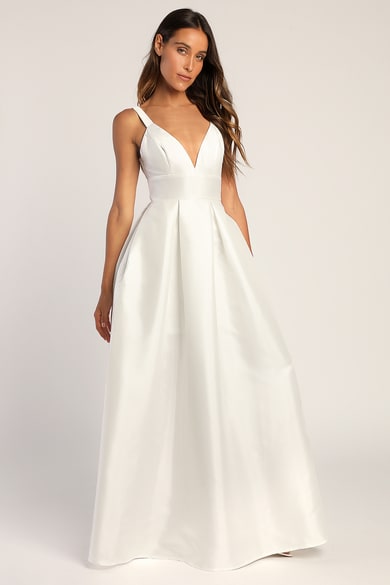 At the Halter White Satin Halter Neck Twist-Front Maxi Dress