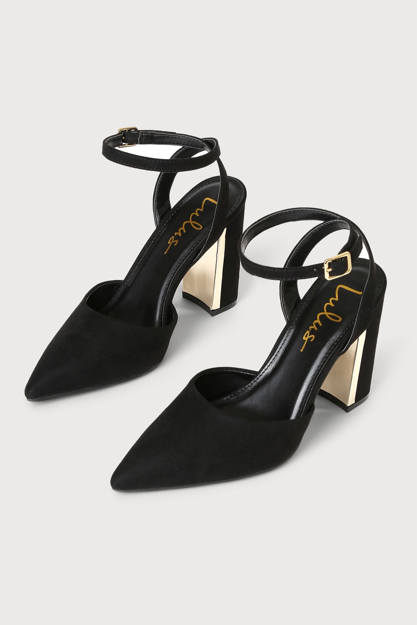 Nadiana Black Suede Pointed-Toe Ankle Strap Pumps