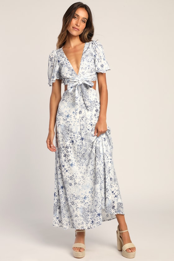 White Floral Maxi Dress - Knot-Front Maxi Dress - Cutout Dress - Lulus