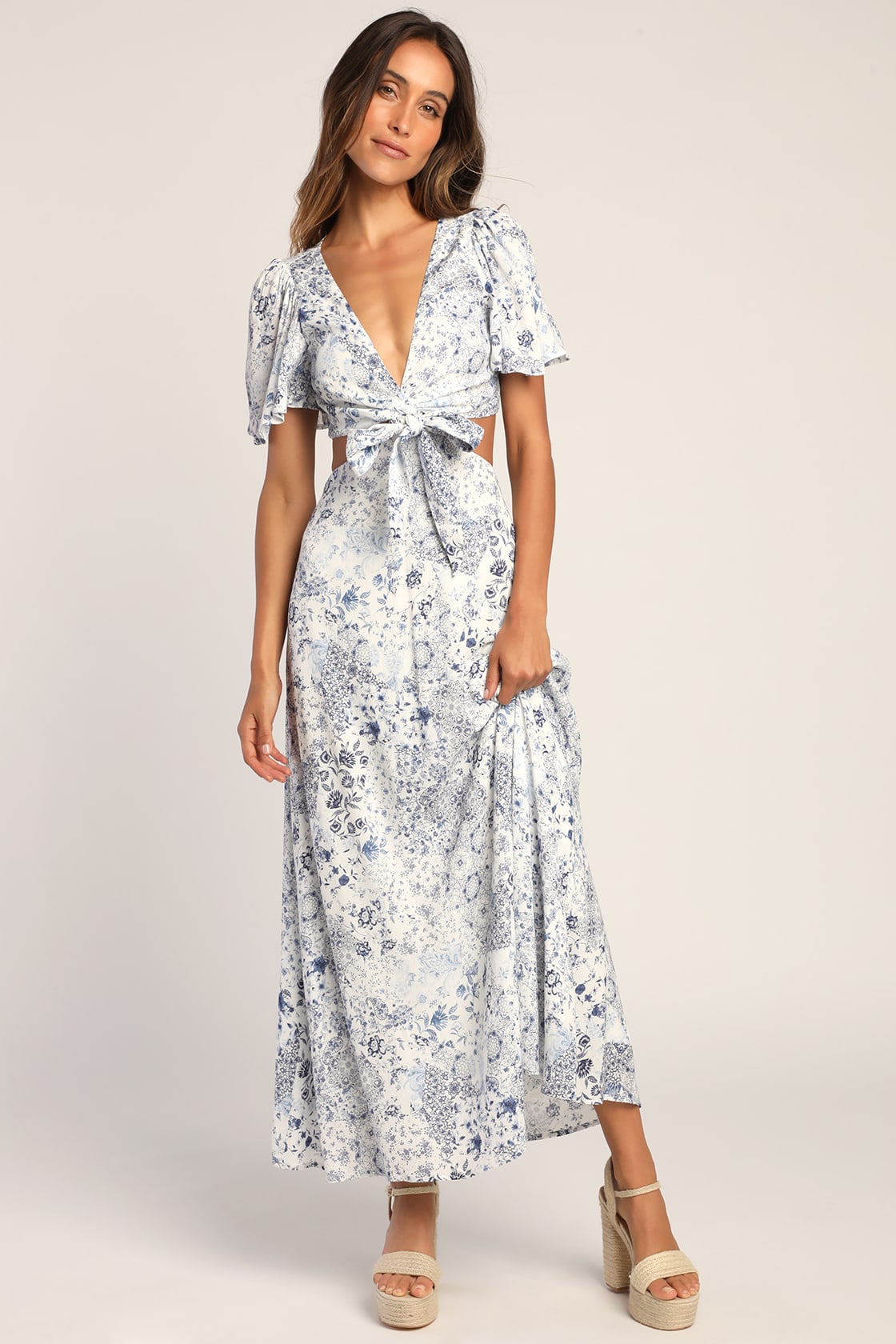 Stroll the Avenues White Floral Print Tie-Front Maxi Dress