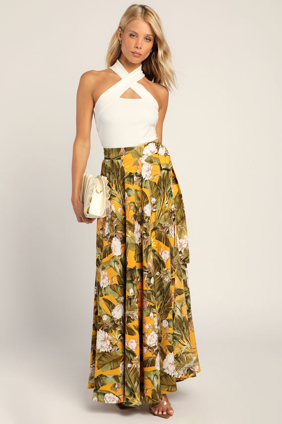 Away to the Islands Marigold Tropical Print Wrap Maxi Skirt 2