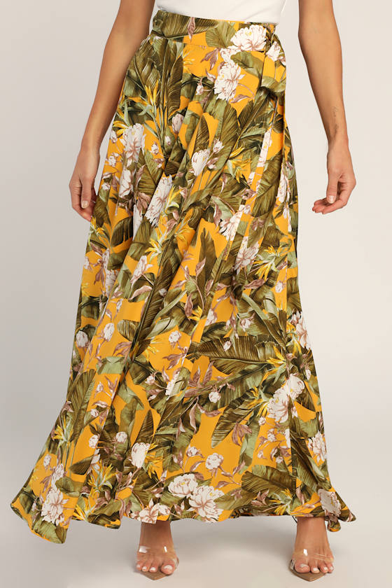 Away to the Islands Marigold Tropical Print Wrap Maxi Skirt 3