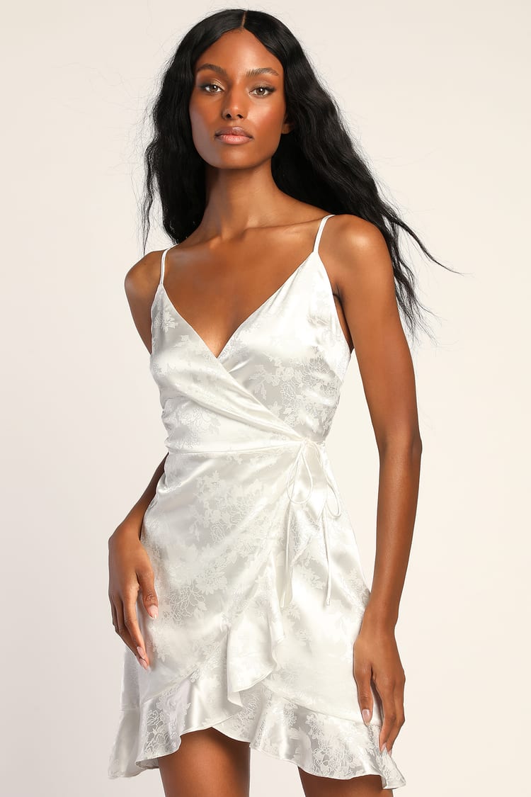 White Floral Jacquard Dress - White Mini Dress - White Wrap Dress