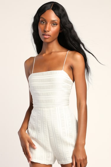 Soulmate Story Ivory Textured Striped Lace-Up Romper