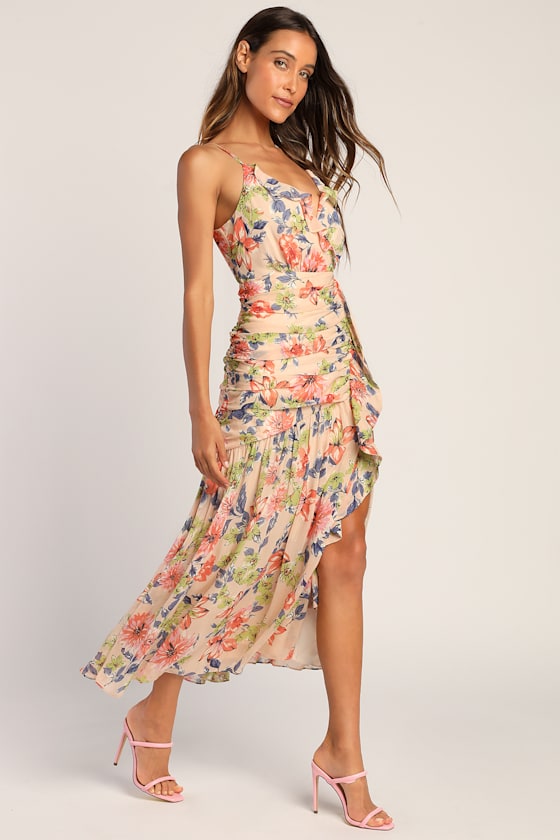 Stunning Soiree Blush Pink Floral Print Ruched Midi Dress 4