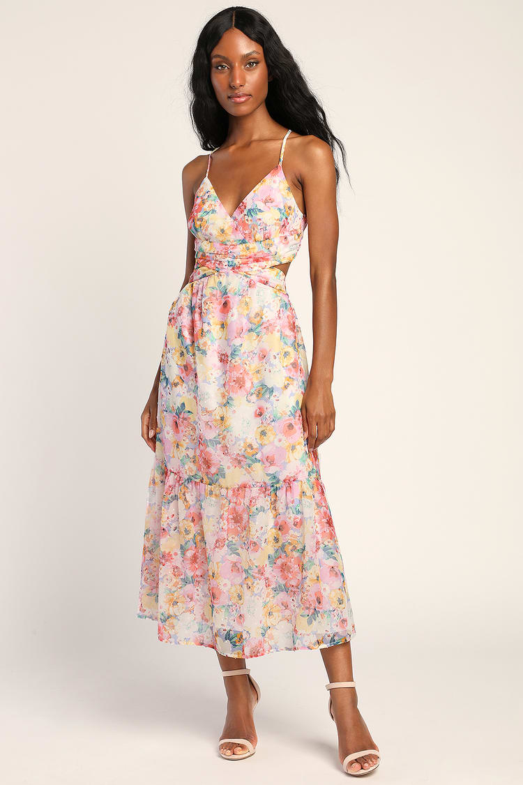 Pink Floral Midi Dress - Lace-Up Midi Dress - Swiss Dot Dress - Lulus