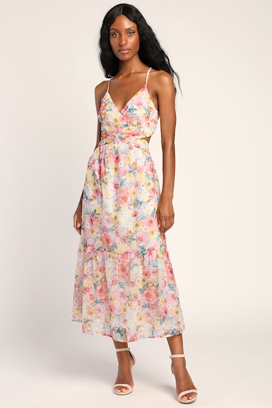 Flower Fields Pink Multi Floral Print Lace-Up Midi Dress 4