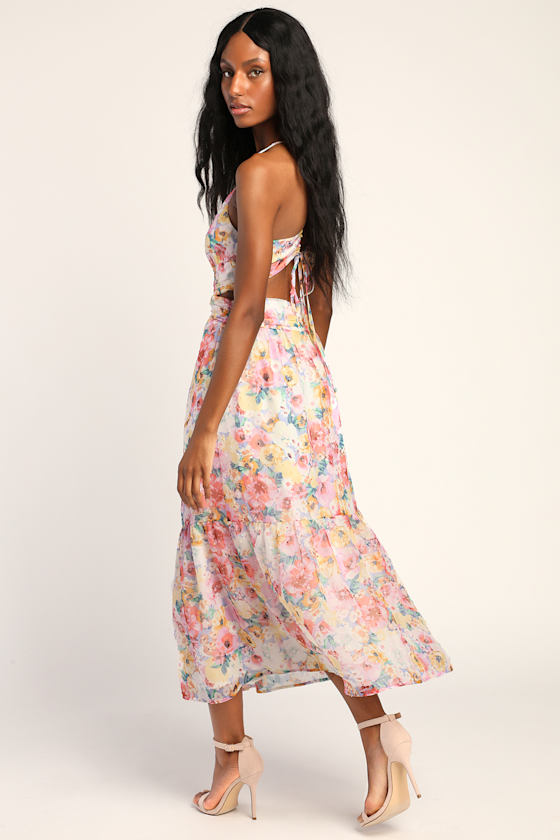 Flower Fields Pink Multi Floral Print Lace-Up Midi Dress 5