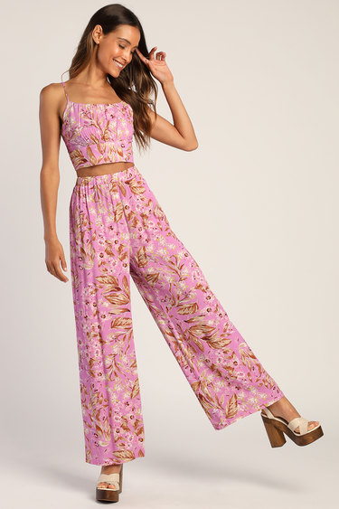 Bright Look Purple Floral Lace-Up Two Piece Jumpsuit