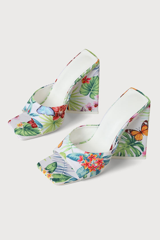 Zya White Tropical Floral Square-Toe High Heel Sandals 3