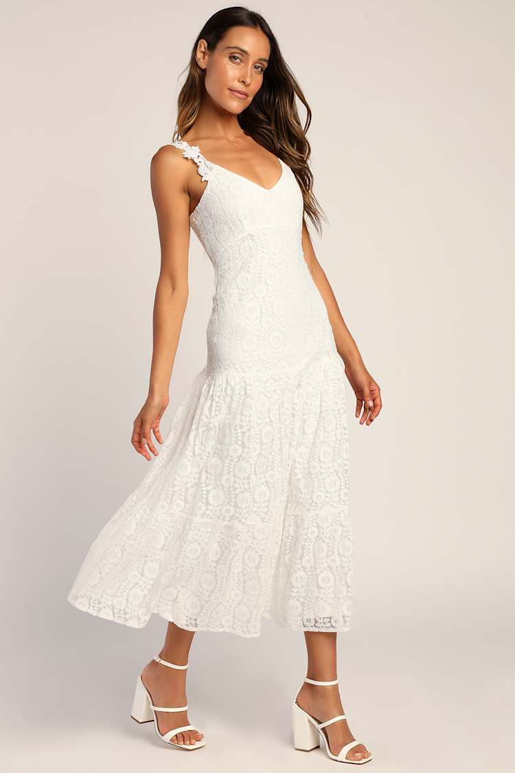 Forever Yours White Lace Sleeveless V-Neck Midi Dress