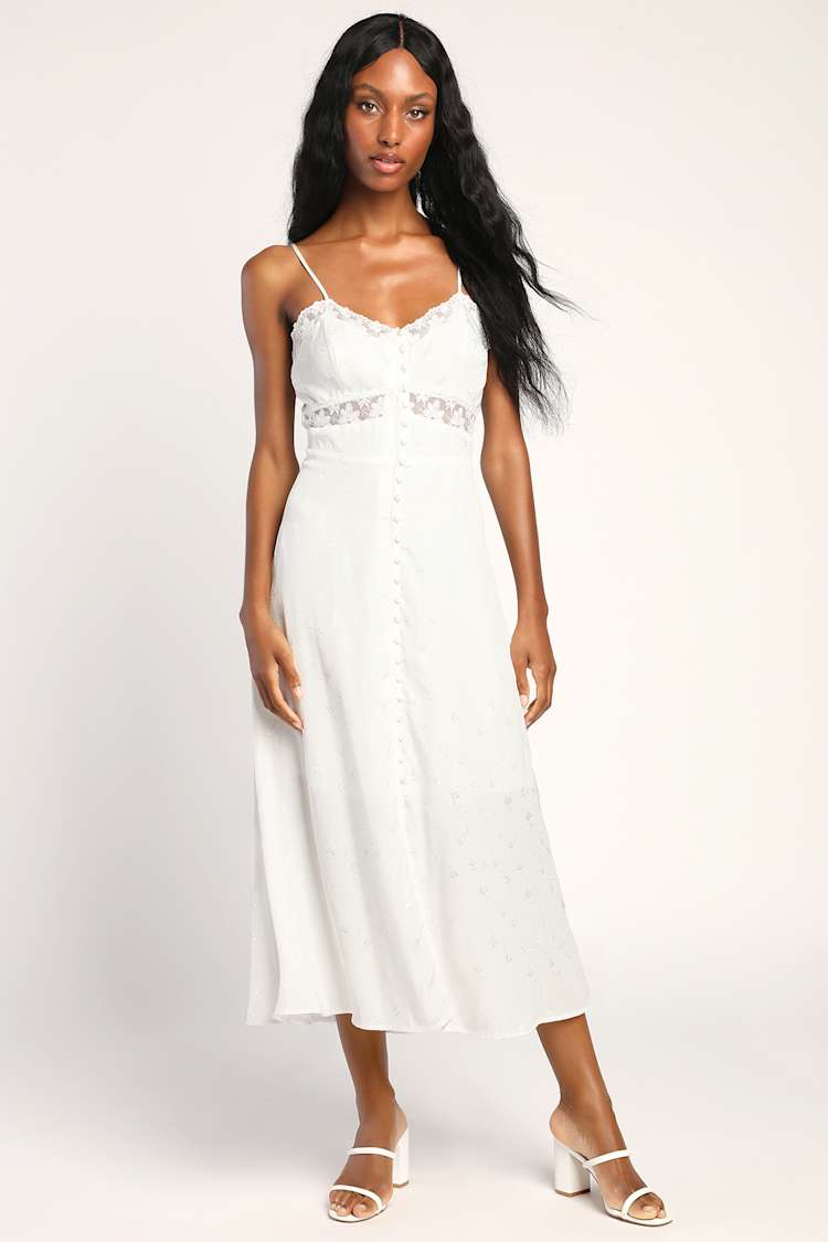 White Satin Dress - Jacquard Midi Dress - Button-Front Dress - Lulus