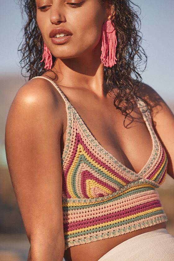 Festival 'Fit Pink Multi Striped Crochet Cropped Tank Top 6