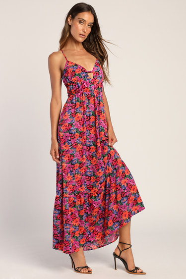 Sweet and Sultry Magenta Multi Floral Cutout Tie-Back Maxi Dress