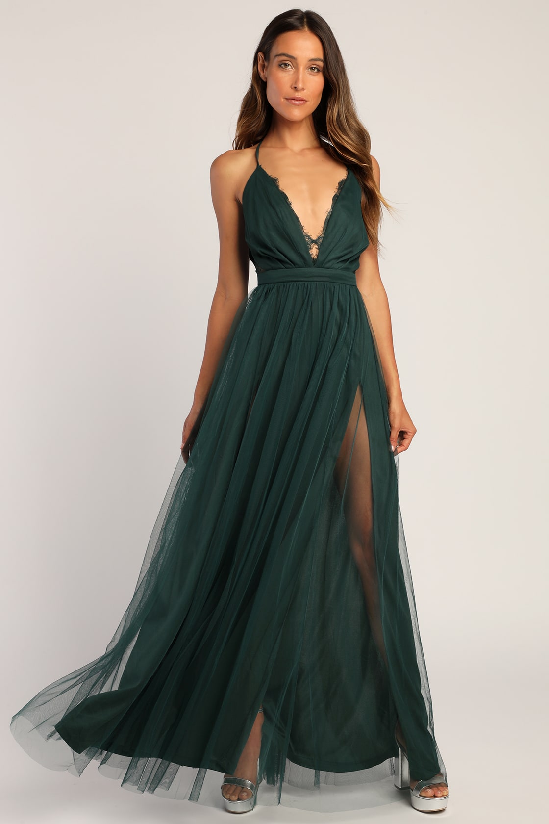 Forever Impressing Dark Green Tulle Sleeveless Maxi Dress