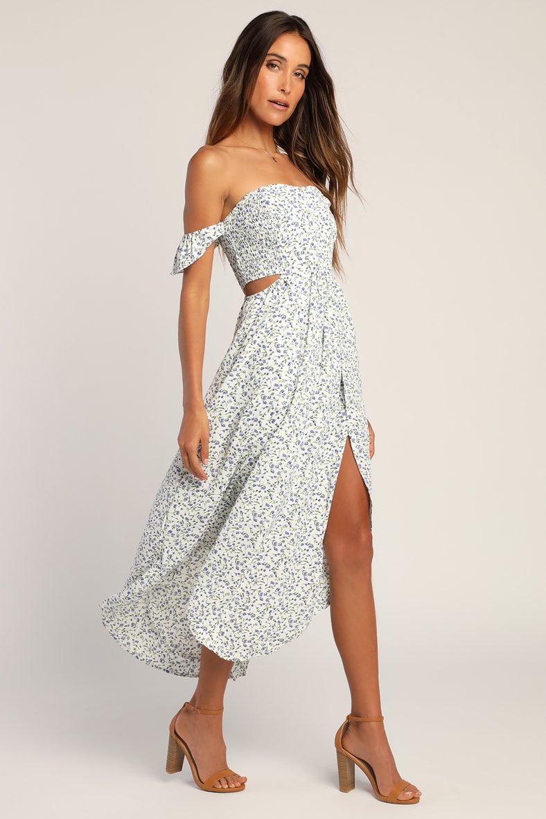 Easy on the Eyes White Floral Print Off-the-Shoulder Maxi Dress