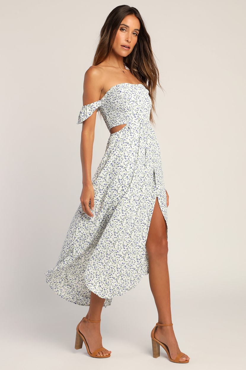 Easy on the Eyes White Floral Print Off-the-Shoulder Maxi Dress