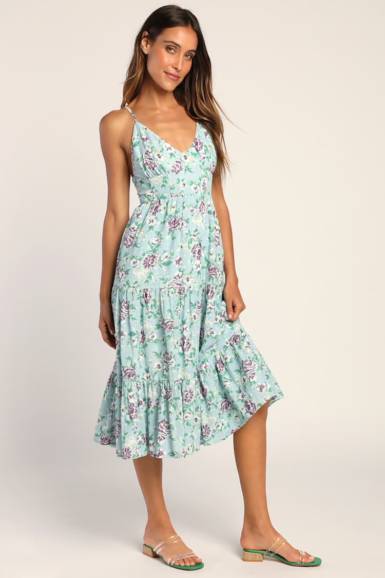 knee length dresses for ladies Blossoms Abound Smocked Midi Curves