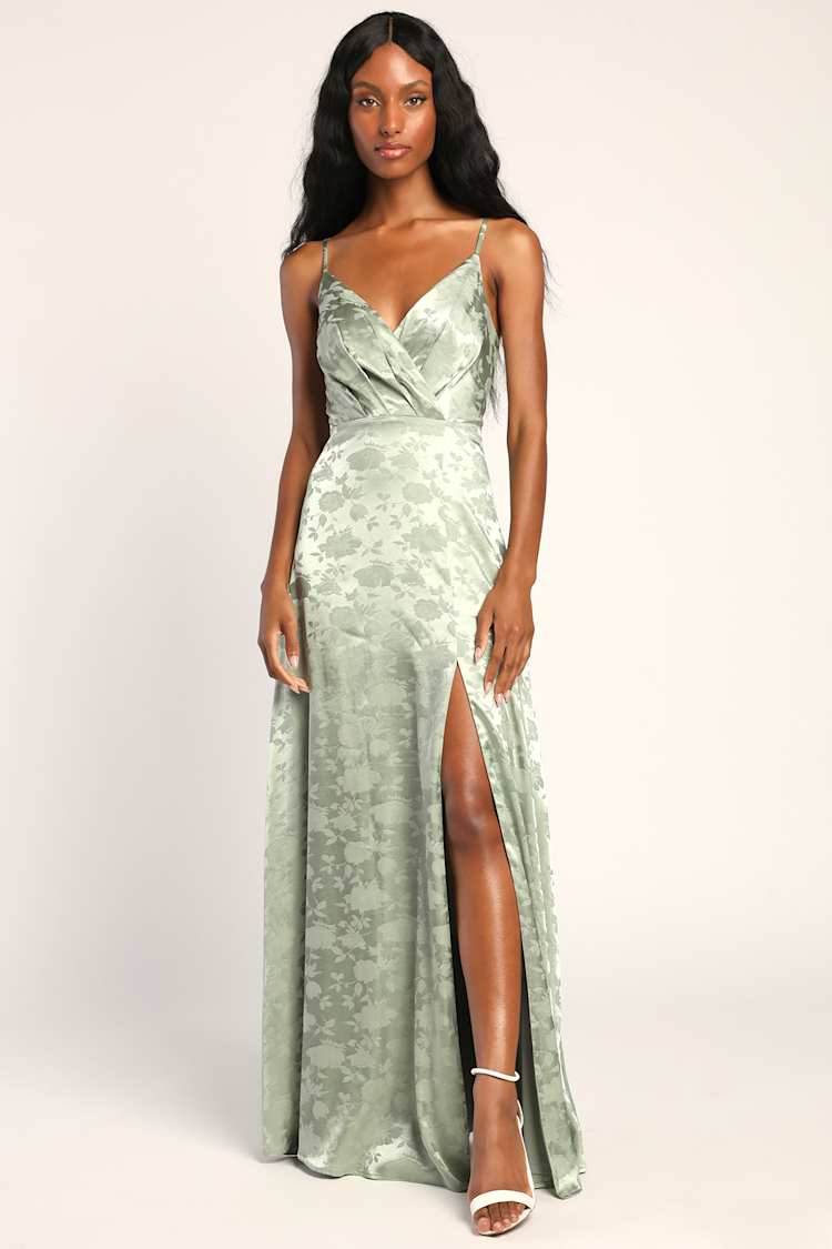 simply dreamy emerald green satin floral jacquard maxi dress Prom 2024