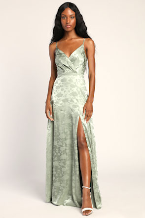 sage green bridesmaid dresses lulus Sage Green Satin Maxi - Satin Jacquard Maxi - Floral Satin Maxi