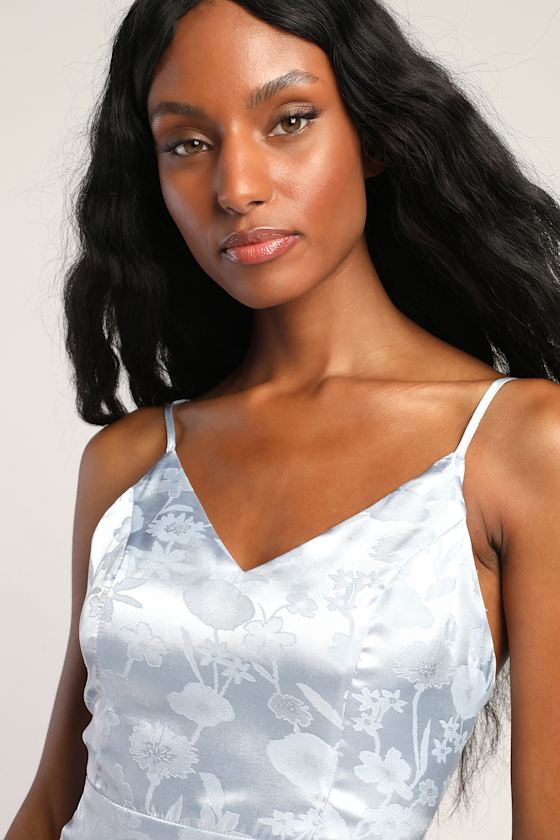 Blue Midi Dress - Asymmetrical Dress - Floral Jacquard Dress