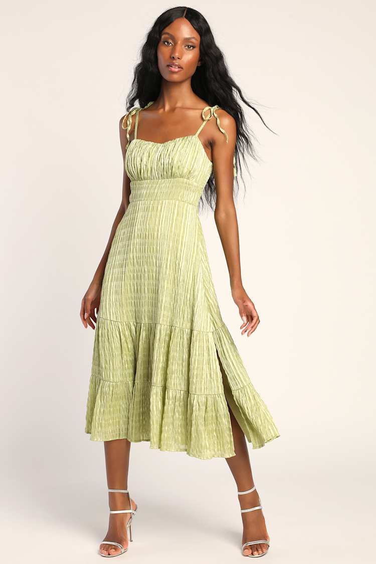 green metallic midi dress Tulum Eyelet Midi Dress | Green Tiered Cotton Dress main image 1