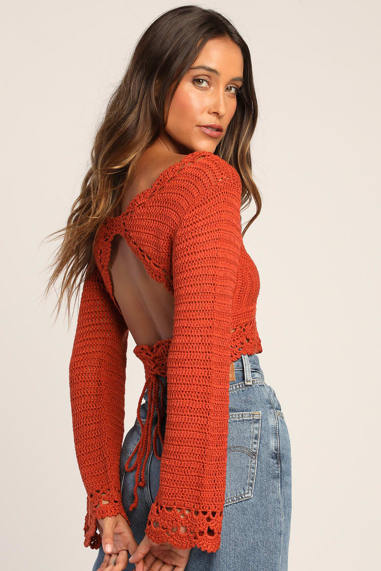 Rust Brown Crop Top - Crochet Top - Long Sleeve Crochet Top - Lulus