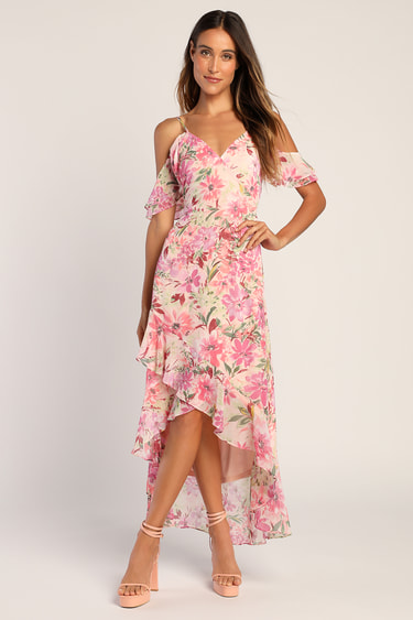 Watch Me Grow Pink Floral Print Cold-Shoulder High-Low Dress