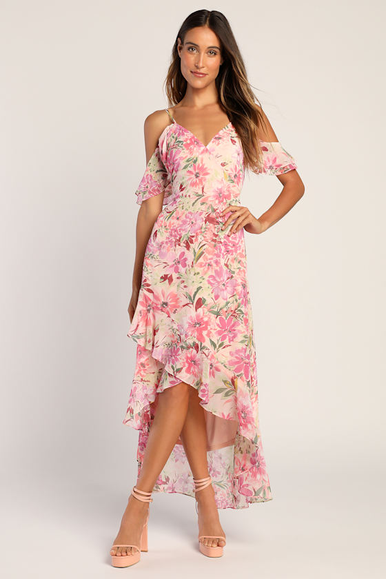 Watch Me Grow Pink Floral Print Cold-Shoulder High-Low Dress 1